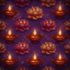 Poster - Seamless Pattern Featuring Oil Lamps with Glowing Flames and Colorful Lotus Flowers on a Decorative Background