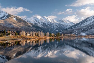  Mountain lake reflecting snow-capped peaks