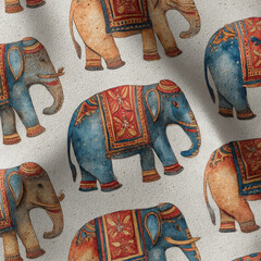 Poster - Detailed Seamless Pattern Featuring Hand-Painted Elephants in Vibrant Colors on a Textured Background