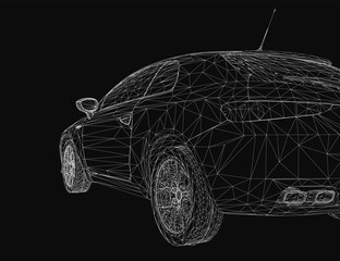 Poster - Low polygonal wireframe car with geometric shapes and clean lines creates a sleek 3D effect on a dark background. The abstract design highlights modern automotive aesthetics with a digital art style.