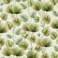 Poster - Seamless Pattern of Palm Fronds and Philodendron Leaves on Light Background for Elegant Interior Decor