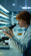 Poster - Scientist's Discovery: A focused scientist, clad in a lab coat, meticulously examines a sample through a microscope in a modern, well-lit laboratory setting.