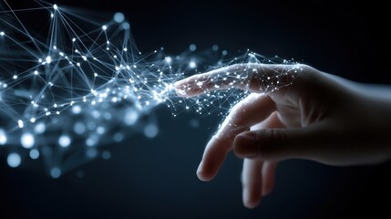 Poster - A hand hovering above a captivating network of interconnected lines and points representing the seamless integration of personal connections and digital collaboration across diverse