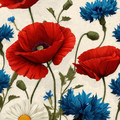 Poster - Seamless Pattern of Vibrant Red Poppies and Blue Cornflowers on a Cream Background for Decorative Use