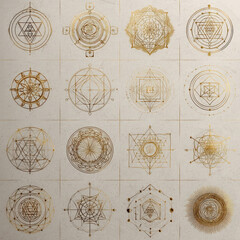 Poster - Intricate Sacred Geometry Patterns in Golden Lines Featuring Yantra Designs on a Textured Background