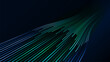 © gusense - Abstract background featuring an array of glowing blue and green lines converging on a dark backdrop, technology, data flow, and speed.