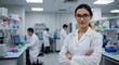 © MstShilpi12 - Confident female scientist wearing glasses and lab coat stands with arms crossed in a modern laboratory