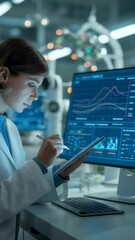 Poster - Scientist Analysis in Modern Laboratory: A focused scientist analyzes data on a digital tablet and a monitor in a state-of-the-art laboratory, surrounded by advanced scientific equipment.