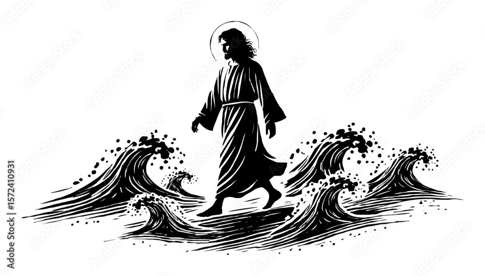 jesus christ walking on water sketch vector illustration Stock Vector ...