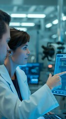 Poster - Scientists in Lab: Two dedicated scientists intently analyze data on a computer screen within a state-of-the-art laboratory environment.