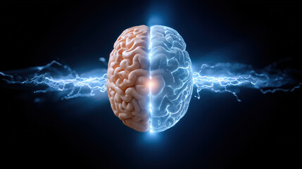 Poster - Half human brain and half digital brain glowing with electric energy, symbolizing balance, technology, and intelligence
