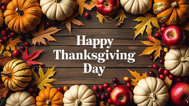 Wooden background with beautiful thanksgiving decor. Autumn Pumpkin Leaf and Fruit Border of happy thanksgiving day text