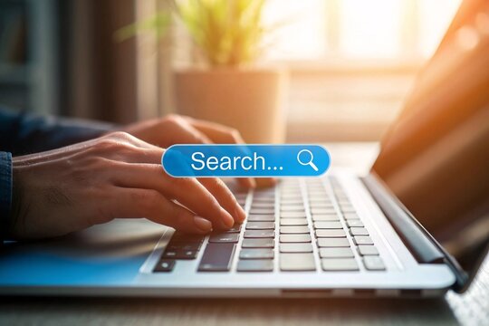 Person typing on a laptop keyboard with a search bar graphic overlay