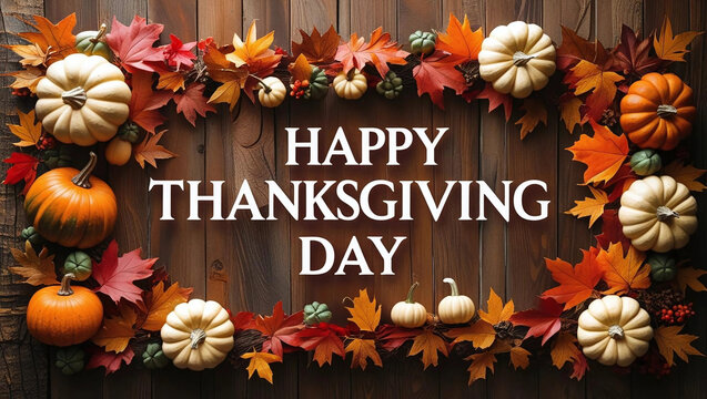 Wooden background with beautiful thanksgiving decor. Autumn Pumpkin Leaf and Fruit Border of happy thanksgiving day text