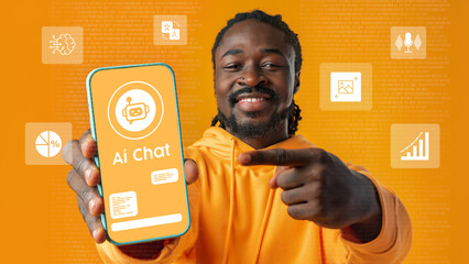 Poster - Young man showcasing AI chat application on smartphone with vibrant orange background in a tech-focused environment