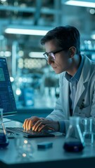 Poster - Modern Scientist at Work: A focused scientist in a cutting-edge laboratory, immersed in research with a computer and chemical beakers, epitomizing scientific inquiry and technological advancement.