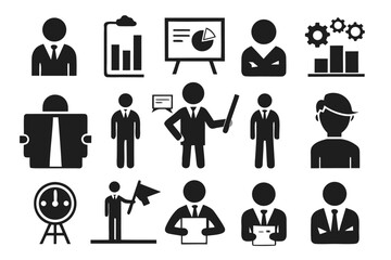 Poster - Comprehensive collection of professional business training icons in a striking black and vibrant color palette perfect for user interface design and digital presentations