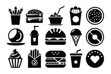Fototapete - Comprehensive collection of black and colorful graphic symbols representing various fast food and dining establishments perfect for menus apps and branding materials
