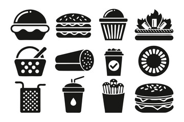 Aufkleber - Comprehensive collection of stylized black and yellow fast food and restaurant icons for branding and digital design projects