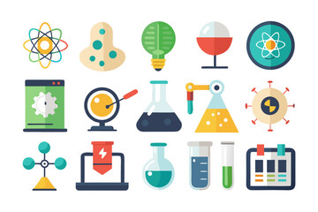Poster - Comprehensive collection of black and vibrant research and science symbols for user interface design featuring diverse scientific and academic elements