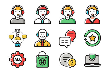 Fototapete - Comprehensive collection of colorful service and support symbols featuring assistance communication and operational elements for digital and print applications