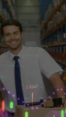 Poster - Animation of financial data processing over people in warehouse