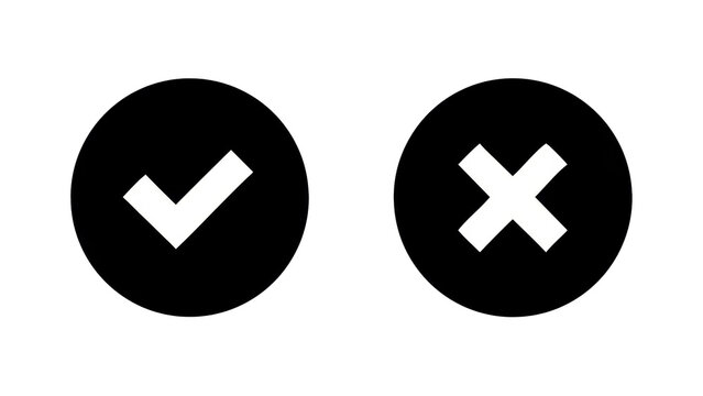 White check mark and cross symbols inside black circles isolated on transparent background