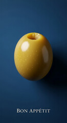 Poster - Glossy yellow olive on deep blue background, showcasing simple elegance and minimalist food photography, ideal for culinary or restaurant branding