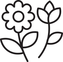 Poster - Two simple flower icons with bold black outlines, one with rounded petals and other with pointed petals, both with leaves and stems, minimalistic and cheerful design