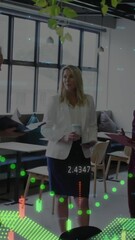 Poster - Animation of multiple graphs with changing numbers, diverse coworkers discussing in office