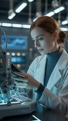 Poster - Laboratory Researcher and Advanced Technology: A focused female scientist in a cutting-edge laboratory meticulously examines intricate technological equipment.