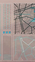 Poster - Animation of graph, loading circles, bars, navigation pattern and computer language over modern city