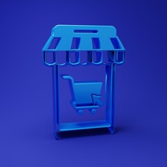 Poster - Blue Mobile phone and shopping cart with striped awning icon isolated on blue background. Online buying symbol. Supermarket basket symbol. Minimalism concept. 3D render illustration