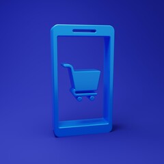 Poster - Blue Mobile phone and shopping cart icon isolated on blue background. Online buying symbol. Supermarket basket symbol. Minimalism concept. 3D render illustration