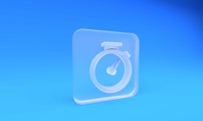 Poster - Frosted glass Stopwatch icon isolated on blue background. Time timer sign. Square frosted glass button. 3D render illustration