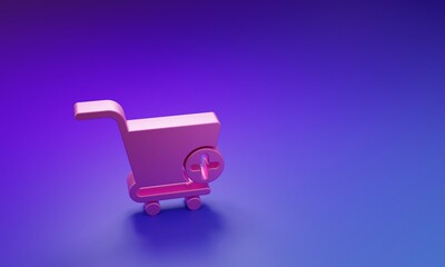 Poster - Pink Add to Shopping cart icon isolated on purple-blue background. Online buying concept. Delivery service sign. Supermarket basket symbol. Minimalism concept. 3D render illustration