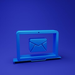 Poster - Blue Laptop with envelope and open email on screen icon isolated on blue background. Email marketing, internet advertising concepts. Minimalism concept. 3D render illustration