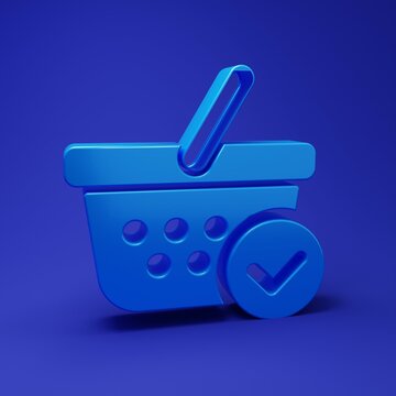Blue Shopping basket with check mark icon isolated on blue background. Supermarket basket with approved, confirm, tick, completed symbol. Minimalism concept. 3D render illustration