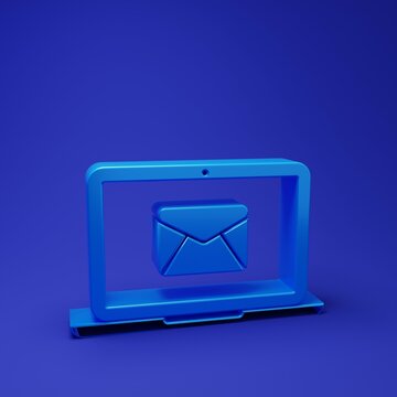 Blue Laptop with envelope and open email on screen icon isolated on blue background. Email marketing, internet advertising concepts. Minimalism concept. 3D render illustration