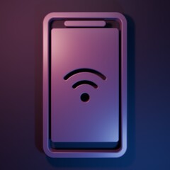 Leinwandbilder - Purple Smartphone with free wi-fi wireless connection icon isolated on purple-blue background. Wireless technology, wi-fi connection, wireless network. Minimalism concept. 3D render illustration