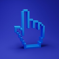 Leinwandbilder - Blue Pixel hand cursor icon isolated on blue background. Pointer hand cursor. Minimalism concept. 3D render illustration