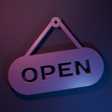 Purple Hanging sign with text Open door icon isolated on purple-blue background. Minimalism concept. 3D render illustration