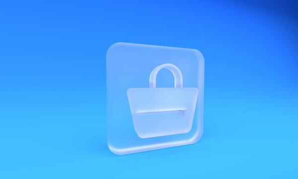 Frosted glass Handbag icon isolated on blue background. Female handbag sign. Glamour casual baggage symbol. Square frosted glass button. 3D render illustration
