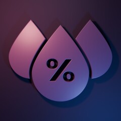 Poster - Purple Water drop percentage icon isolated on purple-blue background. Humidity analysis. Minimalism concept. 3D render illustration