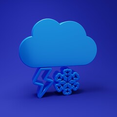 Poster - Blue Cloud with snow and lightning icon isolated on blue background. Cloud with snowflakes. Single weather icon. Snowing sign. Minimalism concept. 3D render illustration