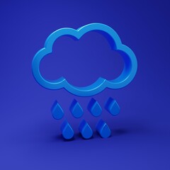 Poster - Blue Cloud with rain icon isolated on blue background. Rain cloud precipitation with rain drops. Minimalism concept. 3D render illustration