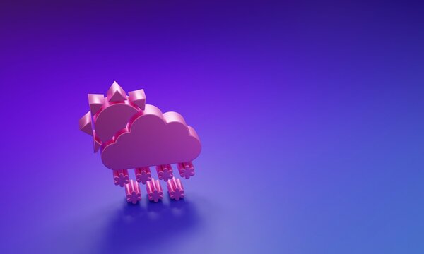 Pink Cloud with snow and sun icon isolated on purple-blue background. Cloud with snowflakes. Single weather icon. Snowing sign. Minimalism concept. 3D render illustration