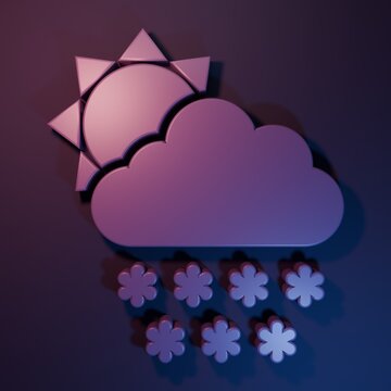 Purple Cloud with snow and sun icon isolated on purple-blue background. Cloud with snowflakes. Single weather icon. Snowing sign. Minimalism concept. 3D render illustration