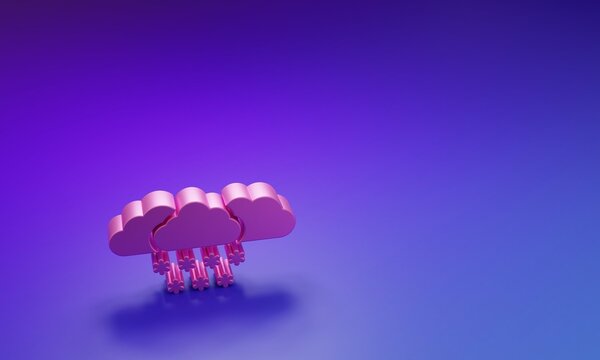 Pink Cloud with snow icon isolated on purple-blue background. Cloud with snowflakes. Single weather icon. Snowing sign. Minimalism concept. 3D render illustration