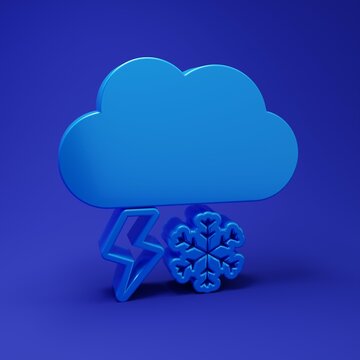 Blue Cloud with snow and lightning icon isolated on blue background. Cloud with snowflakes. Single weather icon. Snowing sign. Minimalism concept. 3D render illustration